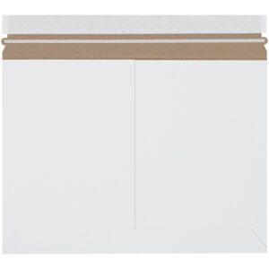 A plain white envelope with a brown peel-and-seal strip is shown against a light background, similar to the 12 1/4 x 9 3/4 White Side Loading Stayflats Lite® Mailers (100/Case) for securing important documents.