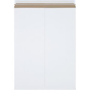 A 20 x 27 White Self-Seal Stayflats Plus® Mailer, from the 50/Case, stands vertically with a practical brown strip for sealing and features a smooth surface with a central fold line.