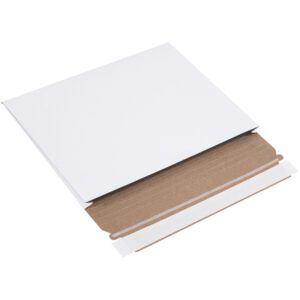 The 10 x 7 3/4 x 1 White Stayflats® Gusseted Mailer, with its brown interior visible from a partially open flap, rests on a white surface. Ideal for mailing documents or items, these mailers emphasize simplicity and functionality. Sold in cases of 100 for secure and efficient delivery.