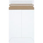 The 6 x 8 White Self-Seal Stayflats Plus® Mailers (100/Case) include a secure brown adhesive strip for sealing. The envelope is plain with visible folding creases and features an open flap for easy use.