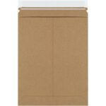 A brown kraft paper envelope from the 9 x 11 1/2 Kraft Self-Seal Stayflats Plus® Mailers (100/Case) with a peel-and-seal closure is displayed against a plain white background, ideal for documents.