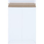 A 9 x 11 1/2 white catalog envelope with a brown strip for secure sealing is displayed frontally, showing its vertical orientation and flap closure. It is part of the Self-Seal Stayflats Plus® Mailers (25 Pack).