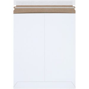 The 11 x 13 1/2 White Self-Seal Stayflats Plus® Mailers (100/Case) feature a reinforced brown kraft strip for durability and a vertical orientation to securely hold documents.