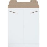 The 11 x 13 1/2 White Stayflats® Mailers, available in packs of 100 per case, have a brown kraft flap with two V-shaped slits for secure closure, making them ideal for mailing documents or flat items due to their simple and functional design.