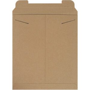 A front-view of a brown, rectangular cardboard box with visible folds and slots for easy assembly, perfect for packaging or shipping 12 3/4 x 15 Kraft Stayflats® Mailers (100/Case).