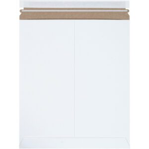 The 12 3/4 x 15 White Self-Seal Stayflats Plus® Mailers come in a pack of 25, featuring a sleek design with rigid cardboard backing and peel-and-seal strip for secure closure and protection.