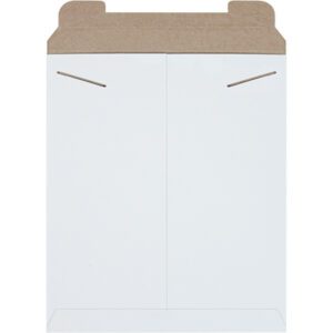 A plain beige mailer envelope with a brown flap and two horizontal slits contrasts with the sleek design of the 12 3/4 x 15 White Stayflats® Mailers (100/Case).