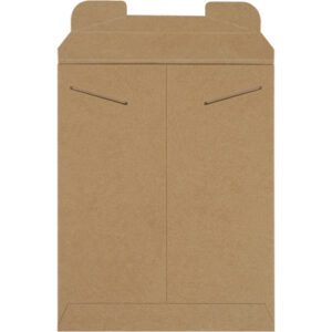 The 9 3/4 x 12 1/4 Kraft Stayflats® mailer is brown, rectangular, features creased edges, and closes securely with two small metal clasps.