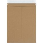 A brown Kraft Self-Seal Stayflats Plus® Mailer (9 3/4 x 12 1/4) features a peel-and-seal strip and reinforced edges for mailing. It lies unaddressed on a white background. Available in cases of 100.