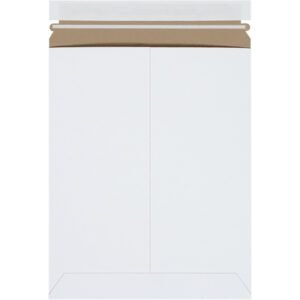 The 9 3/4 x 12 1/4 White Stayflats Plus® Mailers, in a pack of 25, provide secure mailing with a brown pull-tab closure and convenient self-seal design for documents or lightweight items.