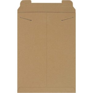 A large, brown 13 x 18 Kraft Stayflats® Mailer with a flap and string-and-button closure is shown front-facing on a white background. Ideal for secure shipping, they come in packs of 100 per case.