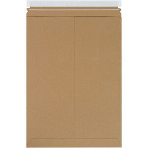 A 13 x 18 Kraft Self-Seal Stayflats Plus® mailer from a 100/case set, with a smooth texture and peel-and-seal flap, is displayed against a white background, showcasing its plain brown color and visible fold lines.