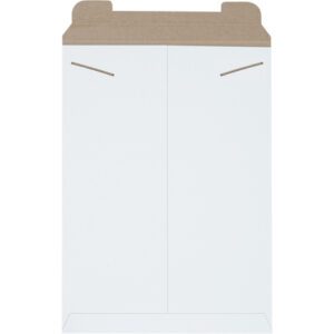 A depiction of a modern white double-door cabinet with slit handles and light brown top, resembling the minimalist design of 13 x 18 White Stayflats® Mailers (100/Case), where the top slightly overhangs the edges.