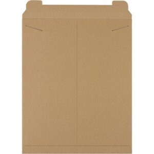 The 17 x 21 Kraft Stayflats® Mailers (50/Case) are large, brown envelopes with two triangular flaps and a horizontal crease. They have diagonal slits for flap security and appear sturdy, ideal for mailing documents.