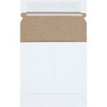 A 5 1/8 x 5 1/8 White Self-Seal Stayflats Plus® Mailer with a brown flap and adhesive strip lies open on a white background, designed for secure deliveries. Available in bulk, up to 200 per case.