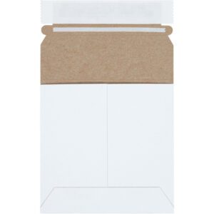 A 5 1/8 x 5 1/8 White Self-Seal Stayflats Plus® Mailer with a brown flap and adhesive strip lies open on a white background, designed for secure deliveries. Available in bulk, up to 200 per case.