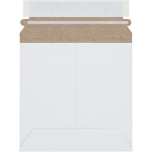 The 6 x 6 White Self-Seal Stayflats Plus® Mailers feature brown accents, visible fold lines, and a sealing strip. Perfect for shipping needs, this sturdy mailer comes in a case of 200.