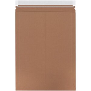 The 10 1/2 x 15 Kraft Stayflats Lite Mailer features a large, brown rectangular design with a self-adhesive strip on the flap for closure and visible crease lines for folding. Sold in cases of 200.