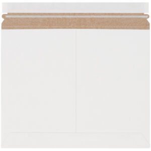 A 12 1/4 x 9 3/4 White Stayflats Lite® Mailer (200/Case) rests on a white background with its flap open, revealing the adhesive strip. Partially peeled and ready for use, this mailer ensures secure and efficient mailing.