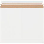 A plain white, square envelope with a brown adhesive strip at the top is positioned open and unsealed, much like a 13 1/2 x 11 White Stayflats Lite® Mailer, ready to securely encase its contents.
