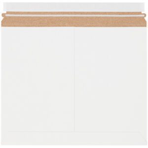 A plain white, square envelope with a brown adhesive strip at the top is positioned open and unsealed, much like a 13 1/2 x 11 White Stayflats Lite® Mailer, ready to securely encase its contents.