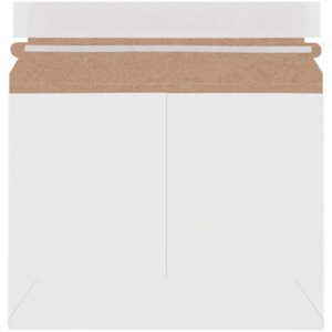 An open, square, white envelope with a brown paper lining lies flat, featuring a peel-and-seal adhesive strip on top. It resembles the sturdy and protective 8 x 6 White Stayflats Lite® Mailers (200/Case).