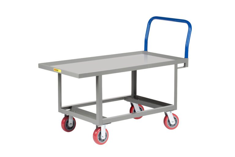 The Little Giant Ergonomic Work Height Platform Truck with Lipped Deck has a gray flatbed, blue handle, red wheels, and sturdy rectangular frame. Its lipped deck and four swivel casters ensure easy item transport with smooth mobility.