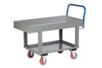 The Little Giant Ergonomic Work Height Platform Truck with Lipped Deck features a gray utility cart, flat top, four red and black swivel wheels, a blue handle, and an open bottom shelf—ideal for efficient material transport in warehouses or workshops.