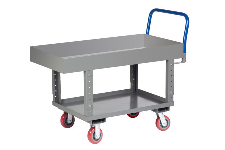 The Little Giant Ergonomic Work Height Platform Truck with Lipped Deck features a gray utility cart, flat top, four red and black swivel wheels, a blue handle, and an open bottom shelf—ideal for efficient material transport in warehouses or workshops.