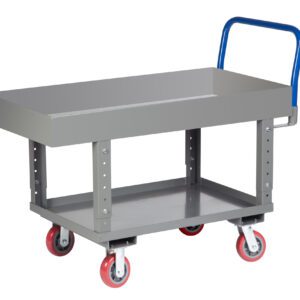 The Little Giant Ergonomic Work Height Platform Truck with Lipped Deck features a gray utility cart, flat top, four red and black swivel wheels, a blue handle, and an open bottom shelf—ideal for efficient material transport in warehouses or workshops.