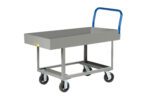 The Little Giant Ergonomic Work Height Platform Truck with Lipped Deck is a gray metal utility cart featuring a rectangular tray, blue handle, and four black wheels. Its sturdy frame ensures goods transport safely while the lipped deck prevents items from sliding off during transit.