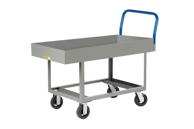 The Little Giant Ergonomic Work Height Platform Truck with Lipped Deck is a gray metal utility cart featuring a rectangular tray, blue handle, and four black wheels. Its sturdy frame ensures goods transport safely while the lipped deck prevents items from sliding off during transit.