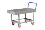 A gray metal utility cart, similar to the Little Giant Ergonomic Work Height Platform Truck with Lipped Deck, boasts a blue handle and four red caster wheels. Its flat surface and open sides make it ideal for industrial use, offering both functionality and ease.