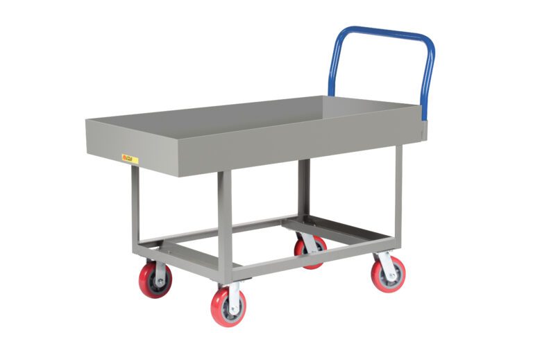 A gray metal utility cart, similar to the Little Giant Ergonomic Work Height Platform Truck with Lipped Deck, boasts a blue handle and four red caster wheels. Its flat surface and open sides make it ideal for industrial use, offering both functionality and ease.