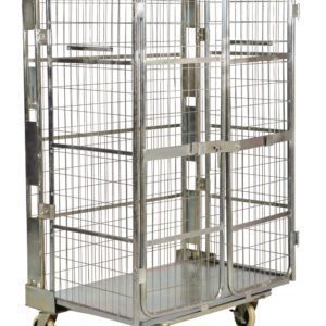 The Vestil Galv Nestable Roller Container 43.5X69 is a metal grid cage with four swivel casters and two front doors, ideal for easy movement and storage or transport of goods.