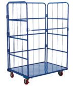 The Vestil Blue Nestable Roller Container 1 Shelf features a durable metal frame with four sides, a flat base, and red wheels—two with brakes. Ideal for warehouses or stores, this container efficiently transports goods and nests away when not in use.