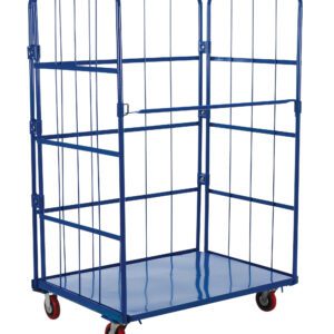 The Vestil Blue Nestable Roller Container 1 Shelf features a durable metal frame with four sides, a flat base, and red wheels—two with brakes. Ideal for warehouses or stores, this container efficiently transports goods and nests away when not in use.