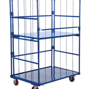 The Vestil Blue Nestable Roller Container 2 Shelf features a sleek design with high side railings and four red wheels for easy maneuverability, making it ideal for efficient transport and storage.