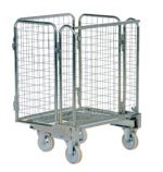 Meet the Vestil Galv Nestable Roller Container 26.3X35.6, featuring a sleek metal design with four wheels and wire mesh sides, perfect for transporting goods in warehouses or stores thanks to its open-top and rectangular base design.