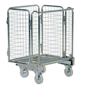 Meet the Vestil Galv Nestable Roller Container 26.3X35.6, featuring a sleek metal design with four wheels and wire mesh sides, perfect for transporting goods in warehouses or stores thanks to its open-top and rectangular base design.
