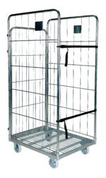 A metal wire cage trolley, like the Vestil Galv Nestable Roller Container 28.25X69.5, features a rectangular base with four wheels, vertical grid walls, and two horizontal black straps for securing items. It stands upright and empty, ready for use.