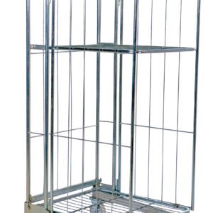The Vestil Galv Nestable Roller Container 27.5X68.3 is a versatile metal utility cart with vertical bars, two shelves, and four swivel wheels, ideal for efficient goods transportation in warehouses or stores due to its open-top design.