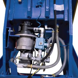 A close-up of a mechanical apparatus with interconnected metal components, featuring the Vestil LLH Rotary Air/Oil Handheld Push-Button, hoses, and a motor in a blue frame. Various pipes and cables are visible, indicating complex engineering with rotary functionality and handheld controls.