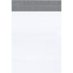 The MH-USA 14 x 17 Returnable Poly Mailer (100/Case) comes in plain white with a secure gray adhesive strip on top, providing reliable and efficient packaging.