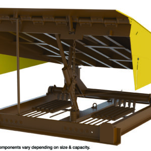 A 3D model of a mechanical loading dock leveler showcases a yellow platform with internal components similar to the Vestil Pull Chain Mech Dockleveler 40K 6X6 Ft, featuring a hydraulic system and metal framework. Text states, Internal components vary depending on size & capacity.