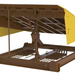 The image displays a Vestil Pull Chain Mech Dockleveler 20K 6X8 Ft, with a brown and yellow mechanical design and hinged platform. Supported by metal beams, its elevated platform exposes the hydraulic mechanism underneath.