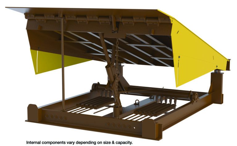 Illustration of a Vestil Pull Chain Mech Dockleveler 50K 7X5 Ft with a yellow platform, showcasing internal components such as springs and beams. Text at the bottom states, Internal components vary depending on size & capacity.