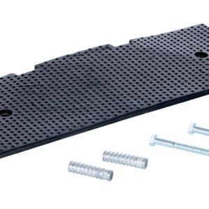 A black plastic rectangular plate with a textured surface and two holes is shown with two silver screws and plastic wall anchors, similar to the Vestil Female End Cap 23.5 X 8.875 Concrete Kit, on a white background.