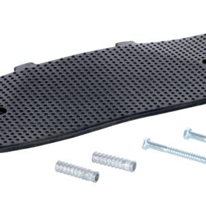 A rectangular, perforated black brake pad featuring two holes and a notch at the top resembles elements of the Vestil Male End Cap 23.5 X 9.468 Concrete Kit, accompanied by two screws and two wall plugs underneath.