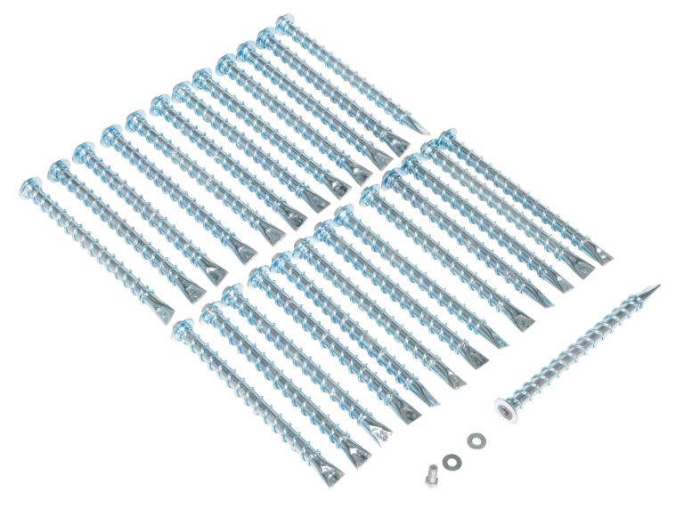 RSH-108-HD-AK-KIT_A.jpg The Vestil Heavy Duty Asphalt Anchor Kit includes screws with helical threads and flat, shiny heads, neatly arranged in rows. Separately, one screw lies near two small washers.